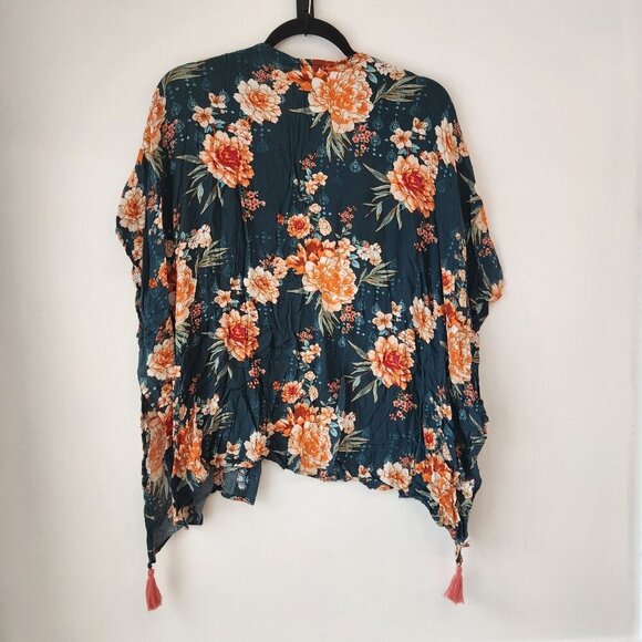 Knox Rose Green Pink Floral Open Front Kimono Cardigan Lightweight Boho XS/S - Picture 2 of 6